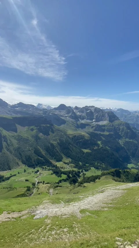 Panoramic view of the Swiss Alps with green mountain ridge and blue sky Stockbeeldmateriaal 341439211