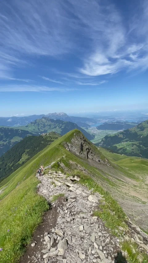 Panoramic view of the Swiss Alps with green mountain ridge and blue sky Stock Footage 341439218