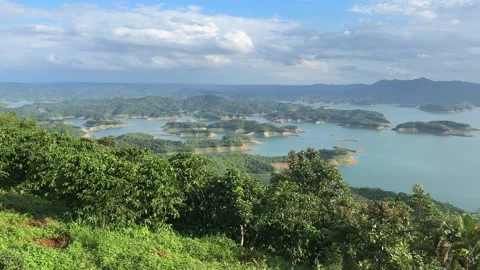 Panoramic view of Ta Dung Lake with green hills in Dak Nong, central Vietnam. Stock Footage 346290467