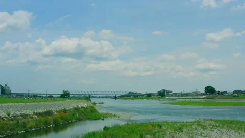 Panoramic view of Tama river from a drone in Tokyo_01 Stock Footage 133219128