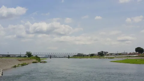 Panoramic view of Tama river from a drone in Tokyo_03 Stock Footage 133221363