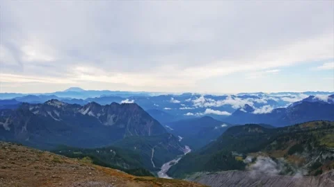 Panoramic View of the Tatoosh Range and Cascade Mountains from Panorama Point, M Stock Footage 332139868