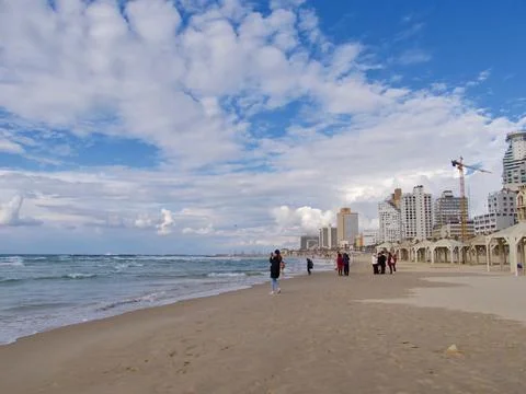Panoramic view of Tel-Aviv beach, Mediterranean sea. Stock Photos