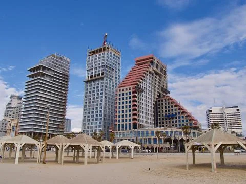 Panoramic view of Tel-Aviv, beach on Mediterranean sea. Stock Photos