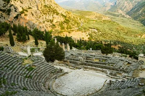 Panoramic view of the Temple of Apollo and ancient amphitheater in Delphi, .. Stock Photos