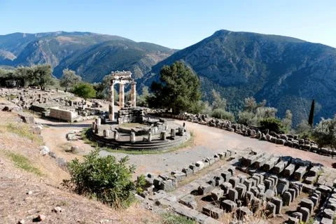 Panoramic view of Temple of Athena Pronea Delphi Greece Stock Photos