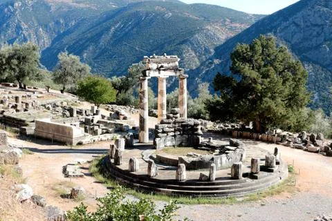 Panoramic view of Temple of Athena Pronea Delphi Greece Stock Photos