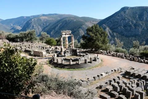 Panoramic view of Temple of Athena Pronea Delphi Greece Foto stock