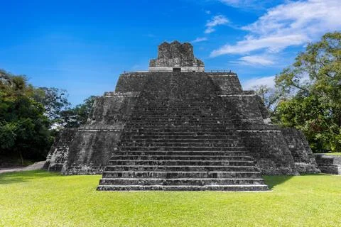 Panoramic view of Temple I at the ancient Maya ruins of Tikal National Park in Stock Photos