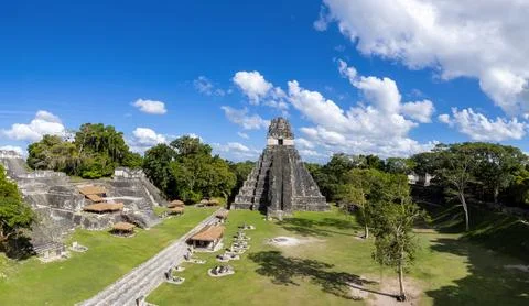 Panoramic view of Temple I at the ancient Maya ruins of Tikal National Park in Stock Photos