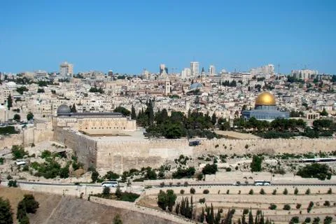 Panoramic view of the temple in Jerusalem with the dome of the rock Stock Photos