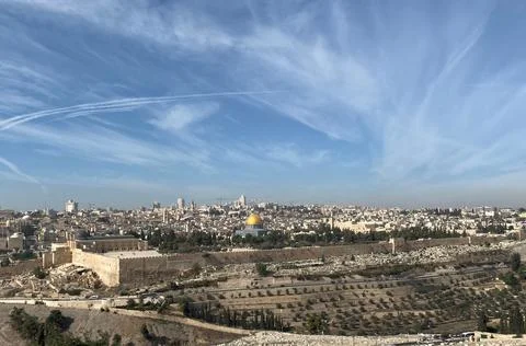 Panoramic view of temple mount from Mt of Olives Stock Photos