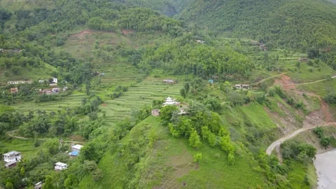 Panoramic view of temple in The mountain island in Nepal, Aerial drone Stock Footage 155961608