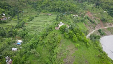 Panoramic view of temple in The mountain island in Nepal, Aerial drone Video stock 155961873
