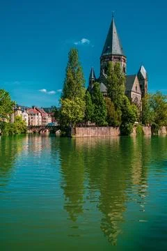Panoramic view of Temple Neuf the Protestant city church in Metz, France. Stock Photos