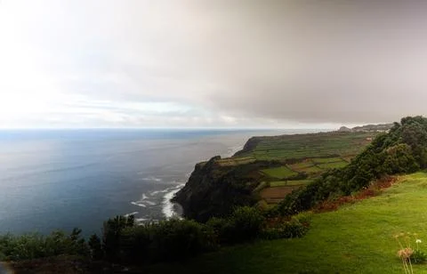 Panoramic view to Terceira island coastline from Miradouro do Raminho viewpoi Stock Photos