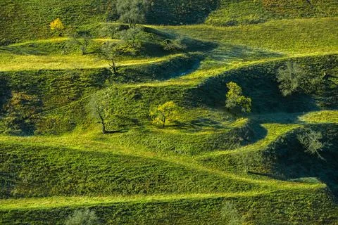 Panoramic view of the terraced fields of Dagestan, Russia. Stock Photos