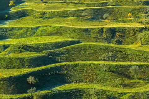 Panoramic view of the terraced fields of Dagestan, Russia. Stock Photos