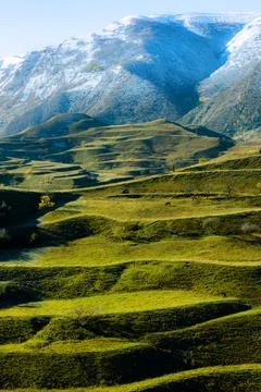 Panoramic view of the terraced fields of Dagestan, Russia. Stock Photos