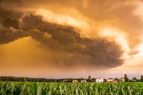 Panoramic view of a terrifying dark thunderstorm approaching Stock Photos