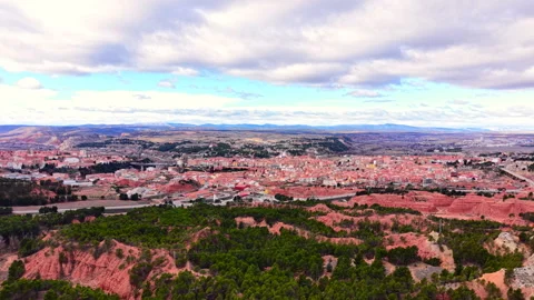 Panoramic view of Teruel city landscape and red rock hills Stock-Footage 334860711