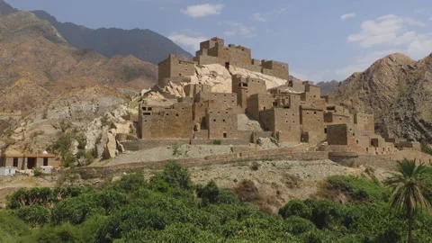 Panoramic view of Thee Ain heritage village, Al-Baha region of Saudi Arabia Stock Footage 217890586