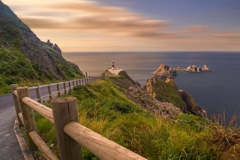 Panoramic view of thr lighthouse of Cabo Ortegal in Galicia, Spain. Stock Photos