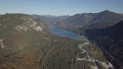 Panoramic view on thr mountain lake in alps - Aerial Stock Footage 83826049