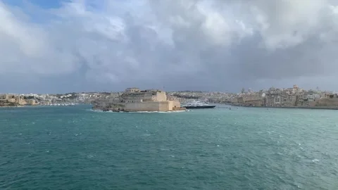 Panoramic view of three cities skyline with St. Angelo fort. Valletta, Malta Stock Footage 259911590