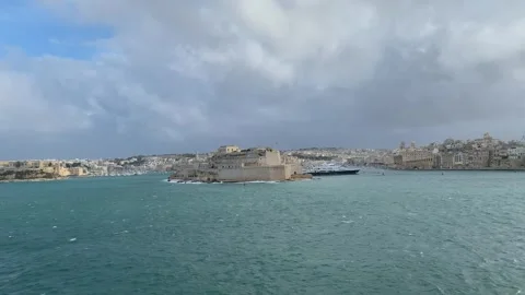 Panoramic view of three cities skyline with St. Angelo fort. Valletta, Malta Stock Footage 259911591