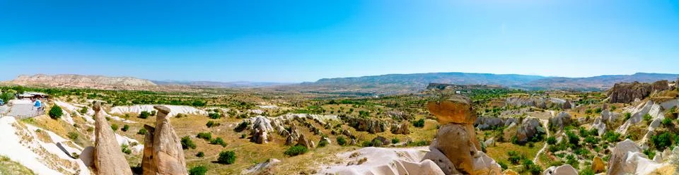 Panoramic view of Three Graces or Uc Guzeller in Cappadocia Urgup Turkey Stock Photos