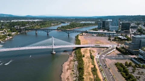 Panoramic view of Tilikum Crossing, Bridge of the People is a cable stayed .. Stock Footage 291479693