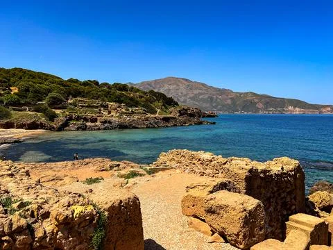 Panoramic view of Tipaza bay on archeological site of Tipaza, Algeria Stock Photos