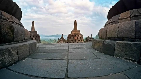 Panoramic view from top of Borobudur temple tourist landmark and travel place Vídeo Stock 70925028
