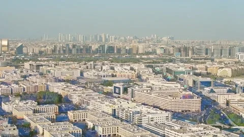 Panoramic view from top of Dubai Frame to old Dubai district and white buil.. Vídeo Stock 226460713