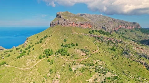 Panoramic view of top edges of rocky mountains on a sunny day in Majorca, Spain. Stock Footage 197487827