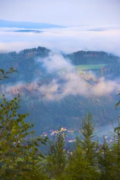 Panoramic view from the top of a mountain full of green vegetation. ecologica Stock Photos