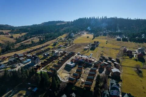 A panoramic view from the top of a recreation base in a mountainous area near Stock Photos