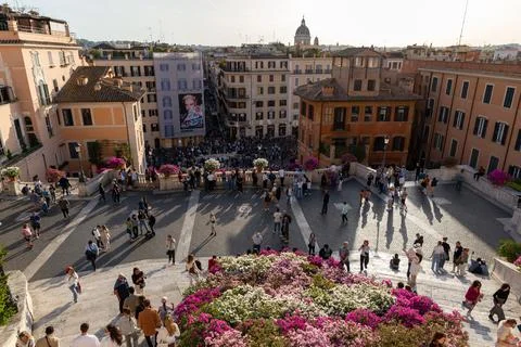 Panoramic view from the top of the Spanish Steps overlooking Piazza di Spagna Stock Photos