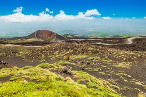 Panoramic view from the top of Volcano Etna, Sicily, Italy Stock Photos