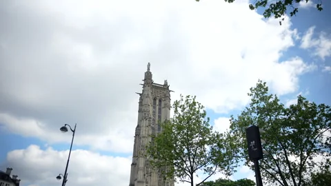 A panoramic view of the Tour Saint-Jacques and the park adjacent to it Stock Footage 280253413