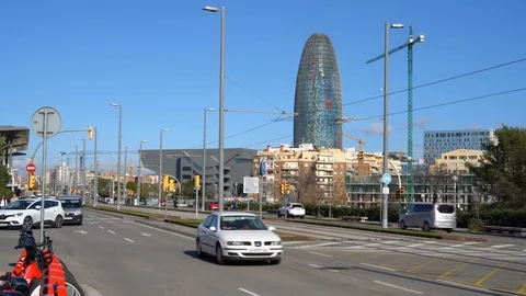 Panoramic view of the tower Agbar and design museum in the center of Barcelona Stock Footage 123611707
