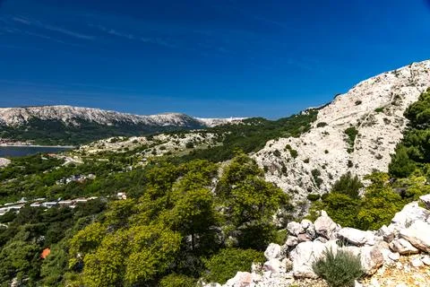 Panoramic view of the town of Baska from the mountain trail from Baska to V.. Stock Photos