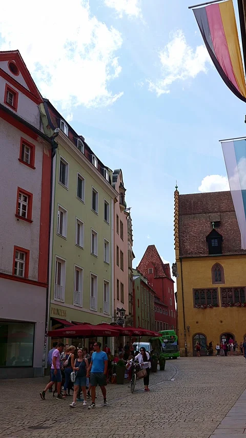 Panoramic view of traditional colorful gothic houses in Old Town, Landshut Stock Footage 275203378