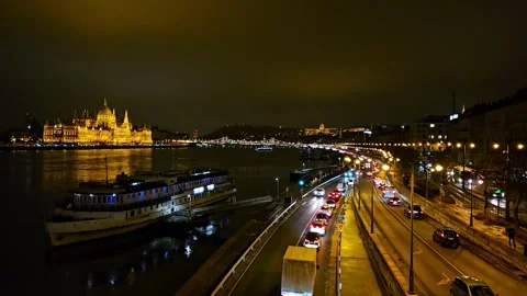 Panoramic view of traffic on the road in Budapest, Hungary at night. Stock Footage 341345438