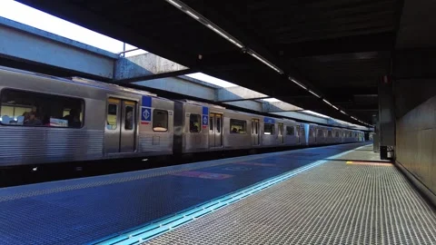 Panoramic view of a train departing from the subway station Stock Footage 323309611