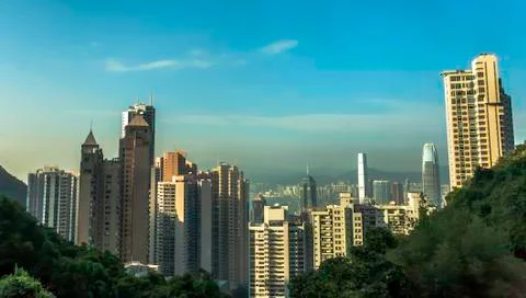 Panoramic view from train, The Peak, Hong Kong Stock Photos