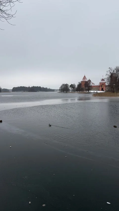 Panoramic view of Trakai castle in winter, Lithuania. Vertical video Stock Footage 258783458