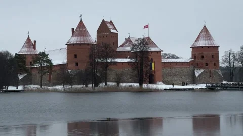 Panoramic view of Trakai castle in winter, Lithuania Stock Footage 258783518