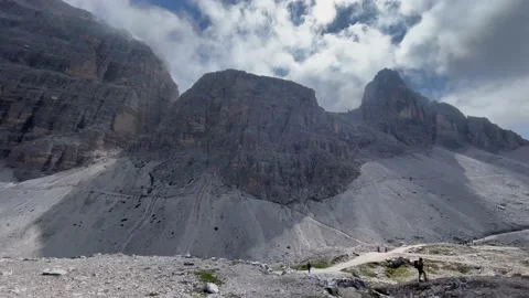 Panoramic view on Tre Cime mountains in Dolomites region in Italy Stock Footage 202266423